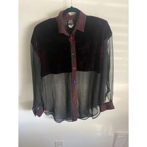 Vintage 90s Velvet Sheer Button Up Shirt Jewel Buttons Burgundy Black Women's L